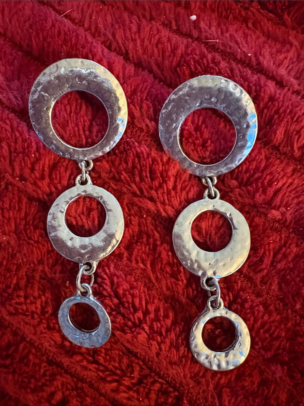 Hammered Circle Drop Earrings - Silver Tone